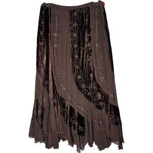 Brown Mixed Media Midi Skirt Earthy Fairy Grunge Velvet Embroidered Brown M
